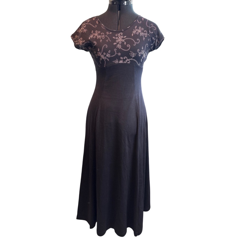 Vintage Maggie Lawrence Black Embroidered Cap Sleeve Midi‎ Dress 90s Y2K Size S